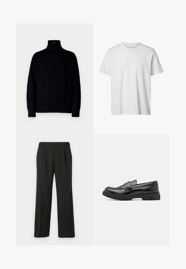 Pull en maille côtelée noir avec un demi-fermeture éclair au col, doté de manches longues et d'une coupe décontractée. La texture est douce et épaisse.; T-shirt blanc uni à manches courtes, col rond, coupe décontractée, sans logos ni motifs visibles à l'avant.; Pantalons larges noirs avec une taille élastique, un devant plissé et une texture lisse. Pas de motifs visibles ni de détails en quincaillerie.; Mocassin en cuir noir avec une large sangle sur le devant, semelle en caoutchouc à épaisse rainure, et texture lisse. Design classique et élégant.