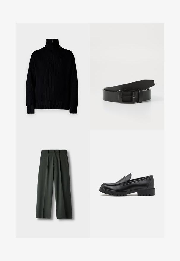 Sort ribbet turtleneck sweater med en halvmåne lynlås ved kraven, der har lange ærmer og en afslappet pasform. Teksturen er blød og chunky.; Mørkegrønne bukser med vide ben, frontplisseringer, sidelommer, bæltestropper og knaplukning på en ensfarvet hvid baggrund.; Sorte læder loafers med rund tå, slip-on design og tyk gummisål med tekstureret greb. Forhøjet hæl og subtile syninger.; Sort læderbælte med spænde i mat sort metal, der har en glat tekstur og enkelt design. Justerbar længde med en tilspidset ende.