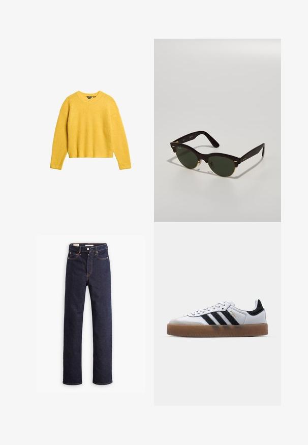 Suéter amarillo de punto acanalado con mangas largas y escote redondo. Presenta un corte corto y una tela texturizada. Sin botones ni acentos adicionales.; Jeans de mezclilla rectos de color azul oscuro con cinco bolsillos y costuras naranjas visibles sobre un fondo blanco.; Zapatillas de cuero blancas con rayas negras, suela de goma, puntera redonda, cierre de cordones y caperuza de ante gris suave.; Gafas de sol carey con lentes verdes, forma vintage, finos detalles en dorado y un diseño de marco elegante.