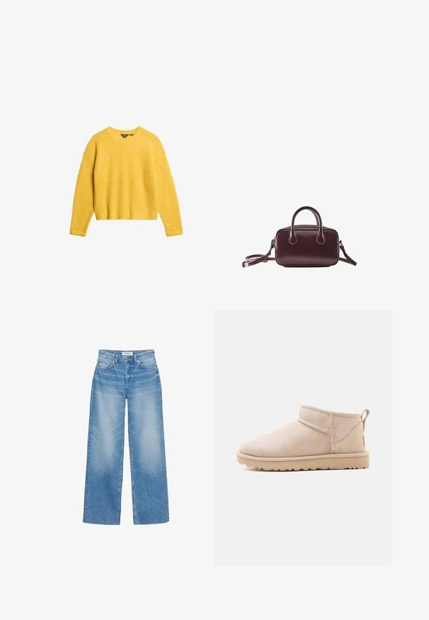 Gul ribstrikket sweater med lange ærmer og rund halsudskæring. Har en cropped pasform og tekstureret stof. Ingen knapper eller yderligere detaljer.; Lyseblå jeans med vide ben lavet af denim, med høj talje, subtil falmet effekt og klassisk fem-lomme-design med kobberdetaljer.; Beige ruskind ankelstøvle med flad sål, synlige sømme og en trækkehank bagpå mod en ensfarvet hvid baggrund.; Lille mørkebrun læderhåndtaske med dobbelte håndtag og aftagelig skulderrem på hvid baggrund.