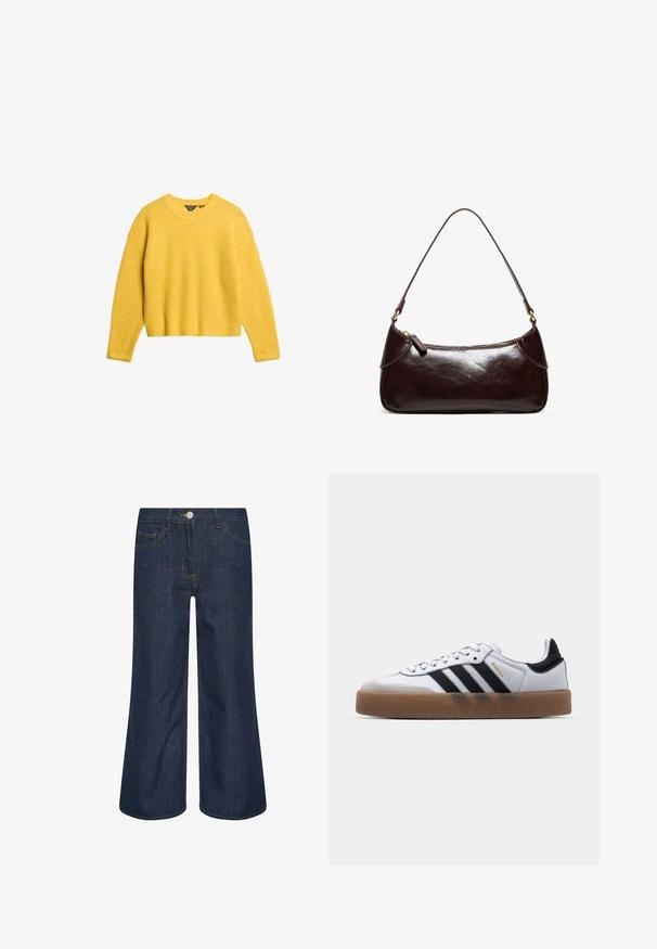 Gul ribstrikket sweater med lange ærmer og rund halsudskæring. Har en cropped pasform og tekstureret stof. Ingen knapper eller yderligere detaljer.; Mørkeblå vidde cowboybukser med forreste knap, lynlås og synlige orange syninger på lommer og sømme.; Hvide lædersneakers med sorte striber, gummirubber sål, rund tå, snørelukning og blød grå ruskinds tåhætte.; Mørkebrun skuldertaske i læder med en enkelt rem og lynlås, rektangulær form med afrundede kanter på hvid baggrund.