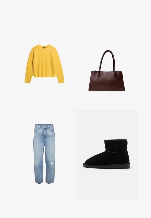 Gul ribstrikket sweater med lange ærmer og rund halsudskæring. Har en cropped pasform og tekstureret stof. Ingen knapper eller yderligere detaljer.; Lyseblå denim jeans med løs pasform, der har slidte områder foran og bagpå, fem lommer og knaplukning.; Sorte ruskind ankelstøvler med en rund tå, placeret på en flad gummisål. Har minimal syning og en blød indvendig foring.; Mørkebrun læderhåndtaske med rektangulært form og to lange hanke, sat mod en hvid baggrund.