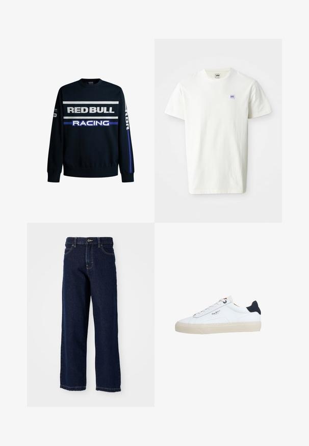 Marineblå sweatshirt med "RED BULL" og "RACING" tekst i hvid og lilla. Har ensfarvede ærmer og ribbede manchetter, lavet af blødt strikmateriale.; Hvid bomulds T-shirt med rund hals og korte ærmer. Viser et lille rektangulært lilla og blå Lee-logo på venstre bryst.; Mørkeblå brede jeans lavet af denim med lige snit, fem-lomme design og afsluttende sting langs kanten.; Hvid lavtop-sneaker med beige sål, hvide snørebånd, sort hælkappe og "Pepe Jeans London"-logo på siden.