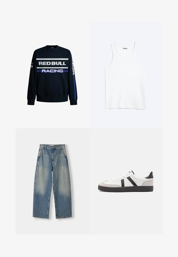 Marineblå sweatshirt med "RED BULL" og "RACING" tekst i hvid og lilla. Har ensfarvede ærmer og ribbede manchetter, lavet af blødt strikmateriale.; Hvid ærmeløs tanktop med rund halsudskæring og Weekday-mærke på den indvendige baghals, vist fladt på lys baggrund.; Lyseblå denim wide-leg jeans med en falmet finish, fem-lomme design og rå kant. Har en frontknap og lynlås lukning.; Hvide sneakers med sorte og grå detaljer, med en tekstureret grå tåhætte, sort gummisål og flade hvide snørebånd. Rent design, minimalistisk stil.