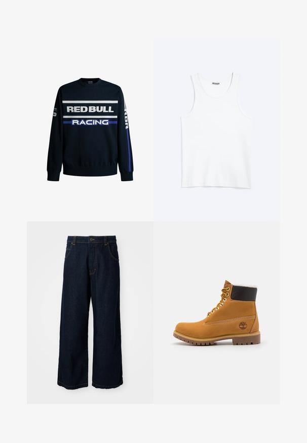 Marineblå sweatshirt med "RED BULL" og "RACING" tekst i hvid og lilla. Har ensfarvede ærmer og ribbede manchetter, lavet af blødt strikmateriale.; Hvid ærmeløs tanktop med rund halsudskæring og Weekday-mærke på den indvendige baghals, vist fladt på lys baggrund.; Bredde bukser i mørkeblå denim med gyldne stikninger, knaplukning og fire lommer. Den nederste kant er lidt frayed.; Brune læder ankelstøvle med metaløjer, hvid pelsforing, sort polstret krave, robust sål og præget logo på siden.