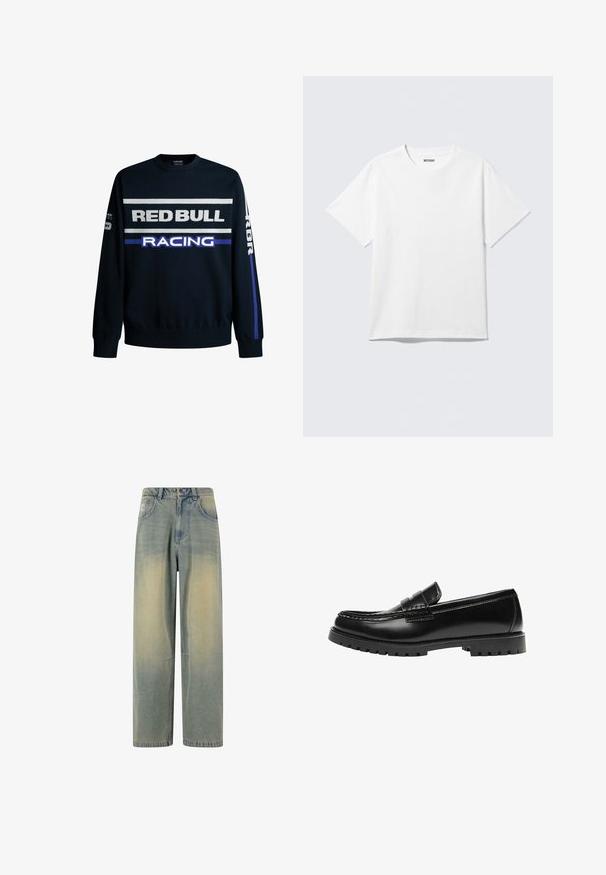 Marineblå sweatshirt med "RED BULL" og "RACING" tekst i hvid og lilla. Har ensfarvede ærmer og ribbede manchetter, lavet af blødt strikmateriale.; Hvid kortærmet crewneck T-shirt lagt fladt ud, ensfarvet design, med "WEEKDAY" mærkat inde i kraven på en lys baggrund.; Lyseblå denim wide-leg jeans med en falmet gradient, som har fem lommer og en klassisk talje med bæltestropper.; Sort læderloafer med en kraftig gummisål og klassiske penny-strap detaljer, vist fra ydersiden.
