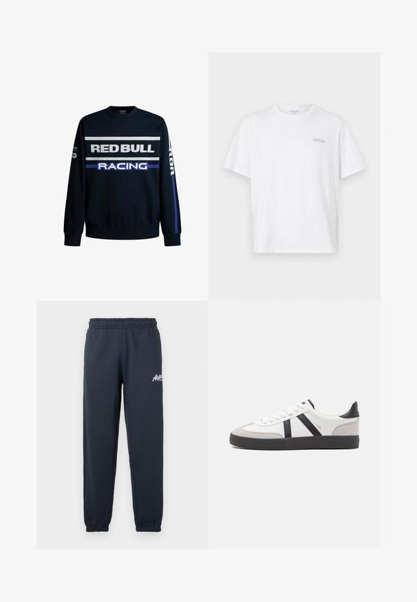 Sudadera azul marino con texto en blanco y morado que dice "RED BULL" y "RACING". Presenta mangas lisas y puños de canalé, fabricada en un material de tejido suave.; Camiseta blanca de manga corta hecha de algodón, con cuello redondo y un pequeño logotipo en la parte izquierda del pecho. Textura suave, corte casual.; Pantalones de chándal gris oscuro con cintura elástica, piernas ajustadas y un logo blanco impreso en el muslo izquierdo. Material suave de mezcla de algodón.; Zapatilla blanca con acentos en negro y gris, que presenta una puntera texturizada en gris, suela de goma negra y cordones planos blancos. Diseño limpio, estilo minimalista.