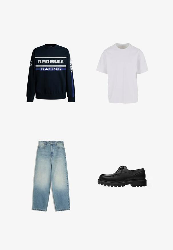 Marineblå sweatshirt med "RED BULL" og "RACING" tekst i hvid og lilla. Har ensfarvede ærmer og ribbede manchetter, lavet af blødt strikmateriale.; Hvid T-shirt med korteærmer lavet af blødt bomuld, med rund halsudskæring og en afslappet pasform med lige kant. Ingen mønstre eller detaljer synlige.; Lyseblå vide denimjeans med forlommer, knaplukning og falmet vaskepatina på lår og knæ.; Sort læder snøresko med tyk, robust sål og detaljerede syninger på oversiden, designet til formelt eller afslappet brug.