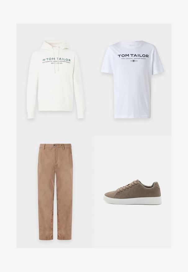 Hvid hætte sweatshirt med kengurulomme, udstyret med en frontal grafisk print i mørk teal og justerbare snore i hætten.; Hvid bomulds t-shirt med rund hals, korte ærmer og navy tekst, der læser "TOM TAILOR THE CASUAL DEPARTMENT 1962."; TOM TAILOR REGULAR WASHED - Chino - caribou beige; Brune ruskinds sneakers med flade hvide gummisåler, snørelukning, rund tå og en glat overflade. Minimalistisk stil med diskrete syninger.