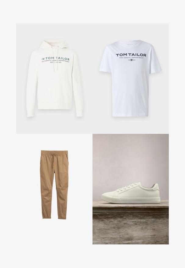 Hvid hætte sweatshirt med kengurulomme, udstyret med en frontal grafisk print i mørk teal og justerbare snore i hætten.; Hvid bomulds t-shirt med rund hals, korte ærmer og navy tekst, der læser "TOM TAILOR THE CASUAL DEPARTMENT 1962."; Brune bomuldsblandede bukser med elastisk talje, justerbar snøre og tapered manchetter. Glat tekstur, ingen synlige mønstre eller metaldele.; Hvide snørresneakers svævende over en træbænk med grønne planter i baggrunden, der fremhæver skodesign og tekstur.
