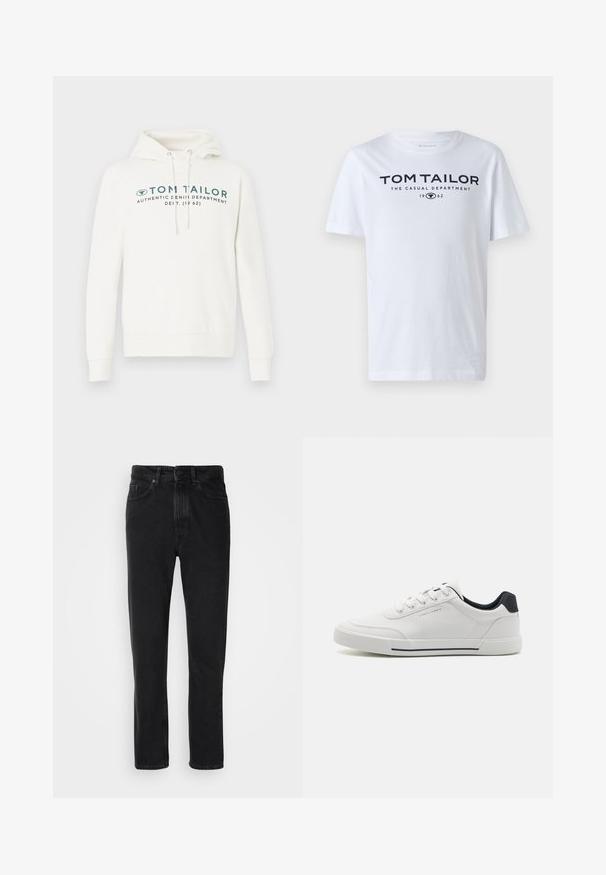 Hvid hætte sweatshirt med kengurulomme, udstyret med en frontal grafisk print i mørk teal og justerbare snore i hætten.; Hvid bomulds t-shirt med rund hals, korte ærmer og navy tekst, der læser "TOM TAILOR THE CASUAL DEPARTMENT 1962."; Sorte denim jeans med lige ben-design, med knap- og lynlåslukning, forlommer og subtile teksturer.; Hvide sneakers med en glat syntetisk overdel, rund tå, snørebåndsdesign, marineblå accent på hælen og en tekstureret gummisål med en sort stribe.