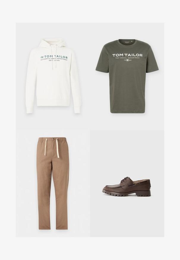 Witte hooded sweatshirt met een kangoeroezak, voorzien van een voorste grafische print in donkerblauwgroen en verstelbare koordjes op de capuchon.; Olivengroene T-shirt met korte mouwen en ronde hals, met witte tekst "TOM TAILOR THE CASUAL DEPARTMENT 1962" gedrukt op de borst.; Lichtbruine broek met rechte pijpen, elastische tailleband, knoopsluiting en witte trekkoorden.; Koffiebruin leren schoen met een moccasinontwerp, voorzien van een gestikte neus, metalen veterogen en een dikke rubberen zool met een gestructureerd patroon.