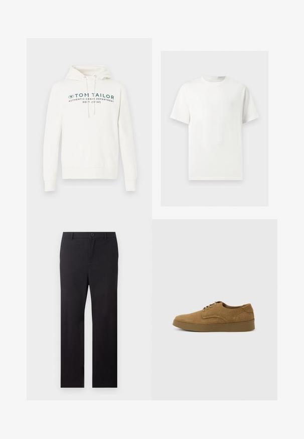 Hvid hætte sweatshirt med kengurulomme, udstyret med en frontal grafisk print i mørk teal og justerbare snore i hætten.; Enkelt hvid T-shirt med korte ærmer og rund hals vist på en lysegrå baggrund.; Sorte bukser med lige ben, bærestropper og frontknaplukning på hvid baggrund.; Brun ruskindslærredsko med snørebånd og flad gummisål, set fra siden på en ensfarvet lys baggrund.