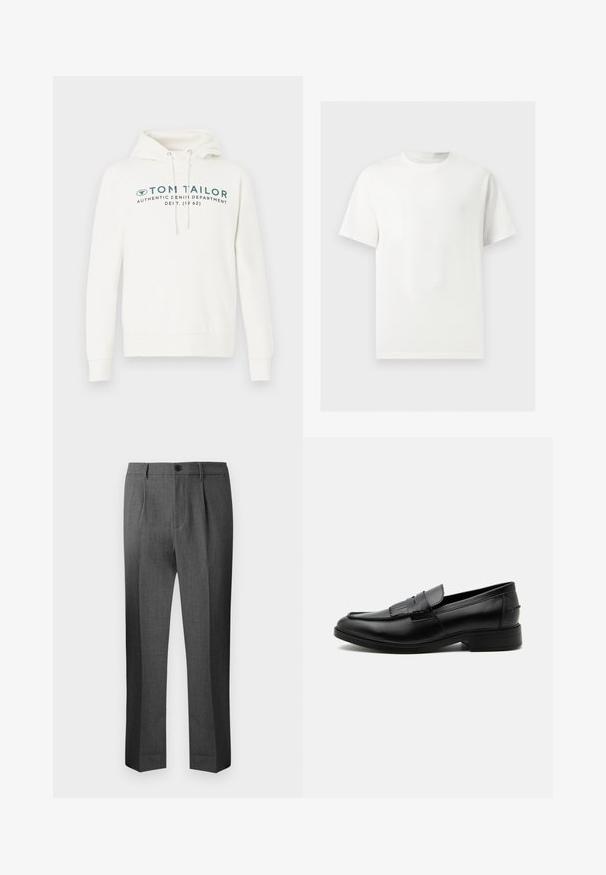 Hvid hætte sweatshirt med kengurulomme, udstyret med en frontal grafisk print i mørk teal og justerbare snore i hætten.; Enkelt hvid T-shirt med korte ærmer og rund hals vist på en lysegrå baggrund.; Grå skræddersyede bukser med en glat tekstur, der har plisseret front, knaplukning og lige ben. Enkel design og rene linjer.; Sort læder herre loafers med kvast detalje, rundet tå, lav hæl og glat poleret finish, vist fra siden på hvid baggrund.