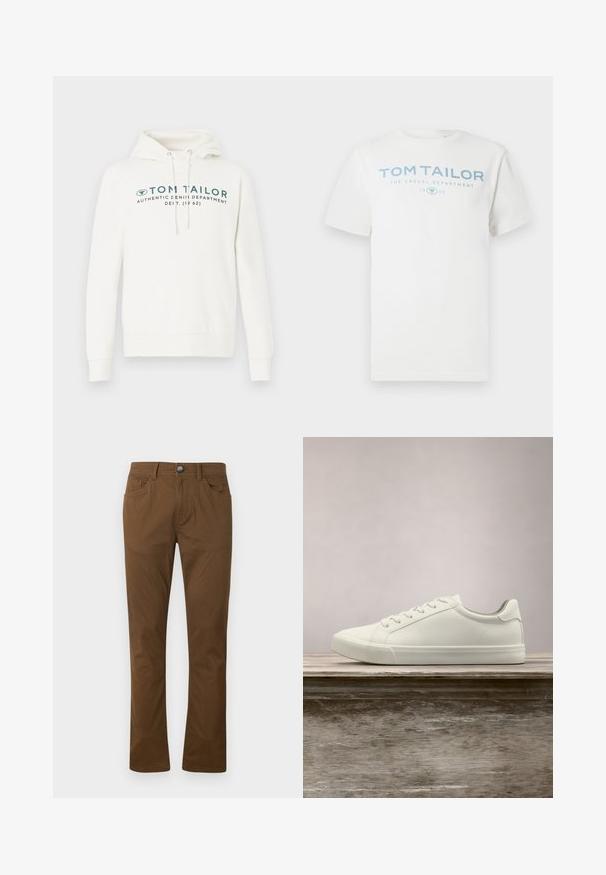 Hvid hætte sweatshirt med kengurulomme, udstyret med en frontal grafisk print i mørk teal og justerbare snore i hætten.; Hvid bomulds-T-shirt med et lyseblåt print med teksten "TOM TAILOR," "THE CASUAL DEPARTMENT" og "1962." Klassisk rund halsudskæring og korte ærmer.; Brune lige bukser med forknytte og lynlås, for- og baglommer samt bæltestropper.; Hvide snørresneakers svævende over en træbænk med grønne planter i baggrunden, der fremhæver skodesign og tekstur.