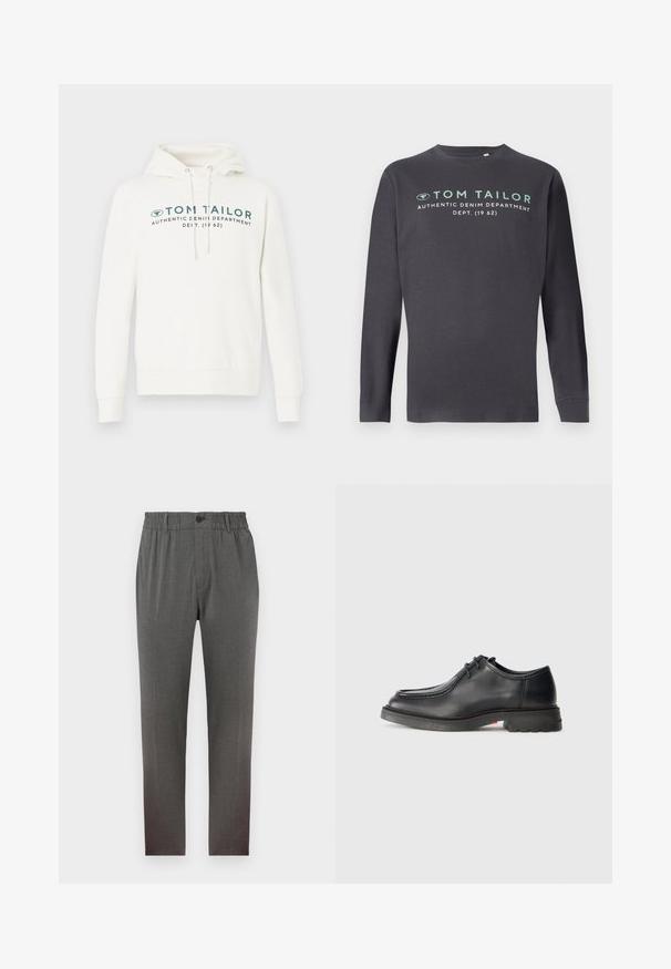 Witte hooded sweatshirt met een kangoeroezak, voorzien van een voorste grafische print in donkerblauwgroen en verstelbare koordjes op de capuchon.; TOM TAILOR PRINTED - Longsleeve - tarmac grey; Grijze broek met een tailor-made design, voorzien van een elastische tailleband, knoopsluiting en rechte pijpen; gemaakt van zachte, gestructureerde stof.; Zwarte leren schoen met een gladde textuur, ronde neus en ondiepe gestikte versiering. Dikke rubbere zool met een lichte hak en grip patroon.