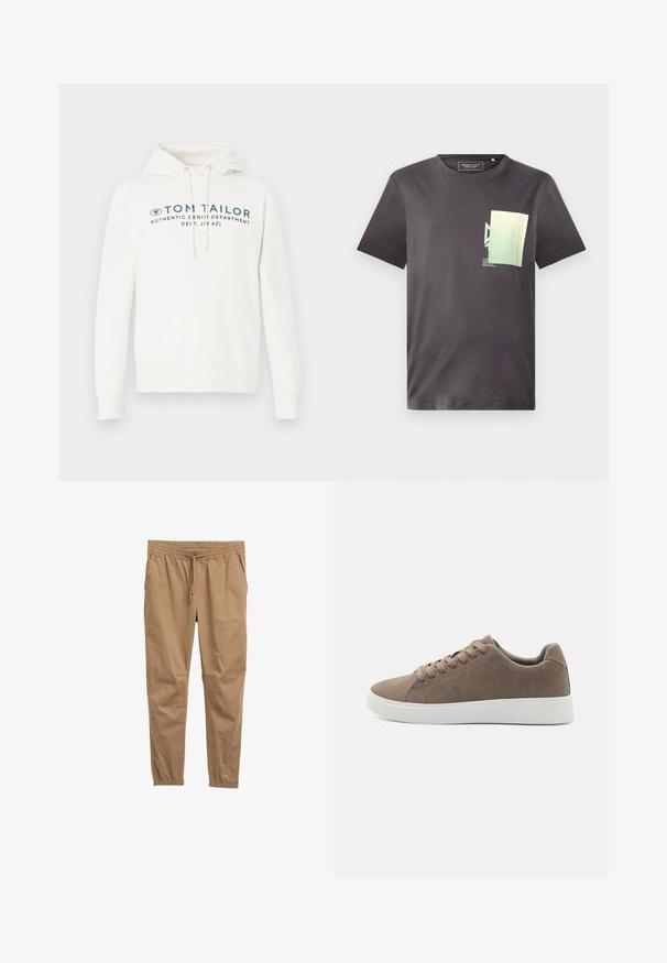 Hvid hætte sweatshirt med kengurulomme, udstyret med en frontal grafisk print i mørk teal og justerbare snore i hætten.; Grå bomulds T-shirt med rund hals, med et minimalistisk grønt og blåt grafisk print på venstre brystområde. Korte ærmer.; Brune bomuldsblandede bukser med elastisk talje, justerbar snøre og tapered manchetter. Glat tekstur, ingen synlige mønstre eller metaldele.; Brune ruskinds sneakers med flade hvide gummisåler, snørelukning, rund tå og en glat overflade. Minimalistisk stil med diskrete syninger.