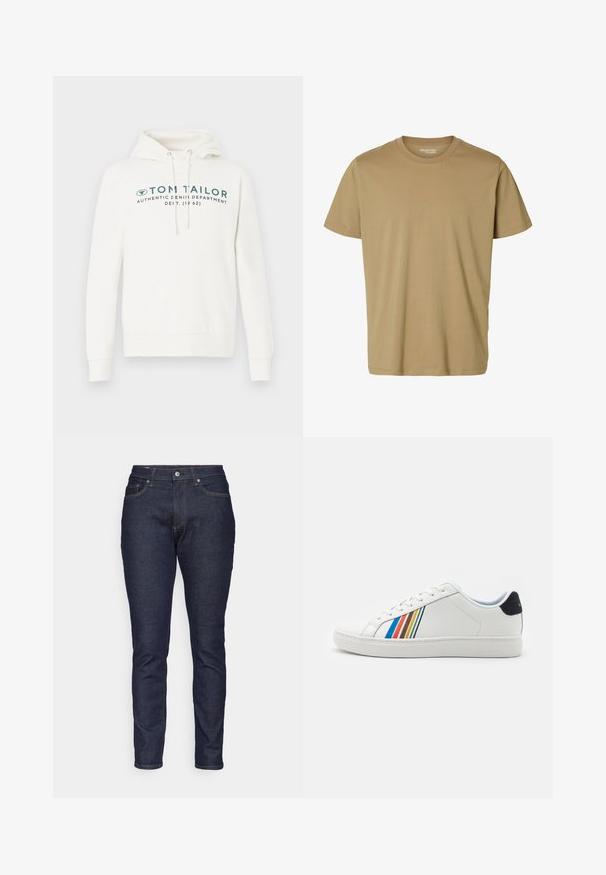 Hvid hætte sweatshirt med kengurulomme, udstyret med en frontal grafisk print i mørk teal og justerbare snore i hætten.; Almindelig beige t-shirt med korte ærmer og rund hals uden synlige mønstre eller logoer vist på en hvid baggrund.; Mørkeblå denim jeans med slim fit, der har fem lommer, en frontknaplukning og kontrasterende orange syninger.; Hvide lædersneakers med farverige lodrette striber i blå, rød, orange og gul på siden. Har en rund tå og flad sål.