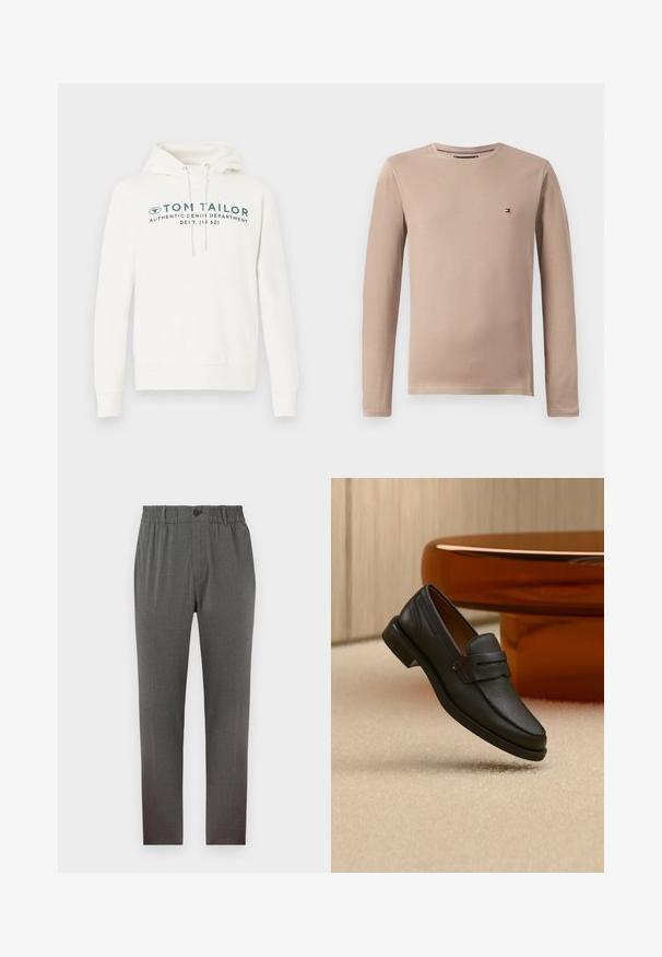 Hvid hætte sweatshirt med kengurulomme, udstyret med en frontal grafisk print i mørk teal og justerbare snore i hætten.; Langærmet beige bomulds T-shirt med rund hals og lille logo, der har en glat struktur og tætsiddende design.; Grå bukser med en skræddersyet design, der har elastisk talje, knaplukning og lige ben; lavet af blødt, struktureret stof.; Sort læder herreloafer med bånd tværs over toppen, vist på beige tæppe nær et brunt moderne rundt bord.
