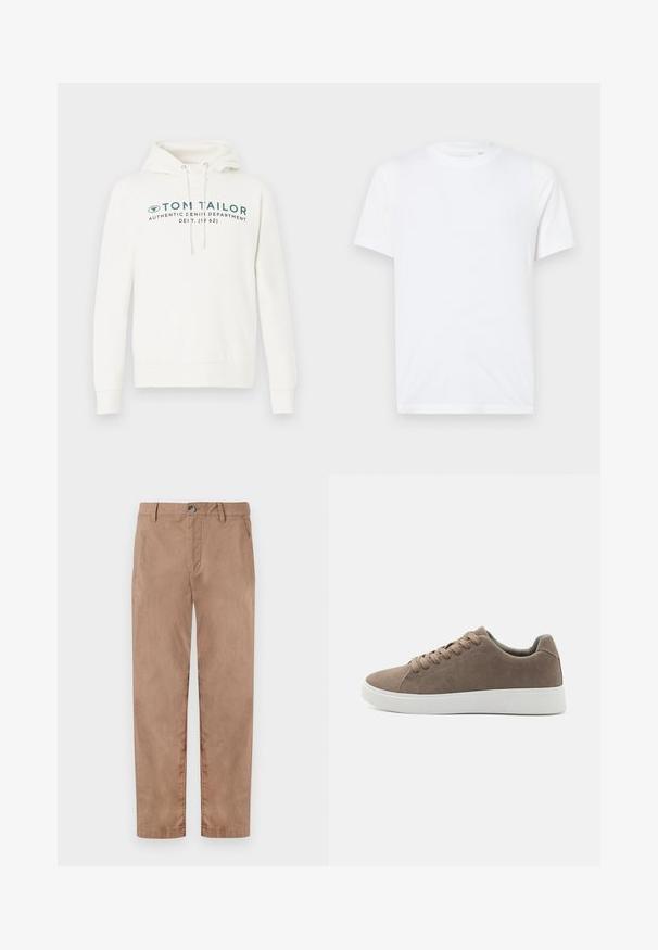 Witte hooded sweatshirt met een kangoeroezak, voorzien van een voorste grafische print in donkerblauwgroen en verstelbare koordjes op de capuchon.; Witte katoenen t-shirt met een ronde hals en korte mouwen. Bevat een klein, reliëf logo op de linkerkant van de borst. Gladde textuur.; TOM TAILOR REGULAR WASHED - Chino - caribou beige; Bruine suède sneakers met platte witte rubberen zolen, vetersluiting, ronde neus en een gladde textuur. Minimalistische stijl met subtiele stikdetails.