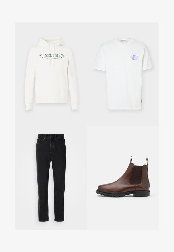 Hvid hætte sweatshirt med kengurulomme, udstyret med en frontal grafisk print i mørk teal og justerbare snore i hætten.; Hvid kortærmet T-shirt af bomuld med lilla oval logo på venstre bryst og en rund halsudskæring.; Sorte denim jeans med lige ben-design, med knap- og lynlåslukning, forlommer og subtile teksturer.; Brune læder Chelsea-støvle med elastiske sidepaneler, rund tå og tekstureret gummisål, der har trækstropper for nem påtagning.