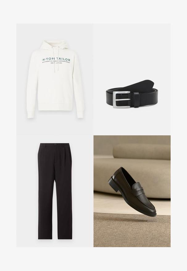 Hvid hætte sweatshirt med kengurulomme, udstyret med en frontal grafisk print i mørk teal og justerbare snore i hætten.; Sorte højtaljede skræddersyede bukser med folder, knaplukning, bæltestropper og lige ben på en ensfarvet lys baggrund.; Sort læder loafer sko, der hviler på et beige tæppe med en buet beige sofa i baggrunden.; Sort læderbælte med en glat overflade, sølv rektangulær spænde og en løkke til enden. Har pæne stikninger langs kanterne.