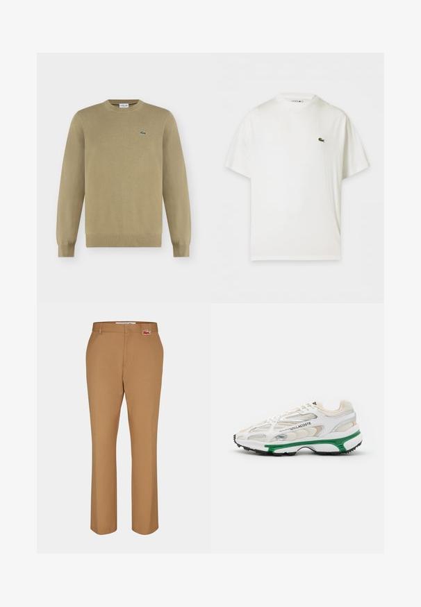 Pull beige à manches longues avec col rond, poignets et ourlet côtelés, avec un petit logo crocodile vert brodé sur le côté gauche de la poitrine.; T-shirt blanc à manches courtes avec col rond et petit logo crocodile vert sur la poitrine gauche.; Pantalons marron en tissu lisse. Design à jambe droite avec une poche avant et un petit patch logo Lacoste rouge près de la taille.; Sneaker blanc avec accents verts et semelle en caoutchouc noir. Comprend des panneaux en mesh et en synthétique, avec une finition texturée et des coutures visibles.