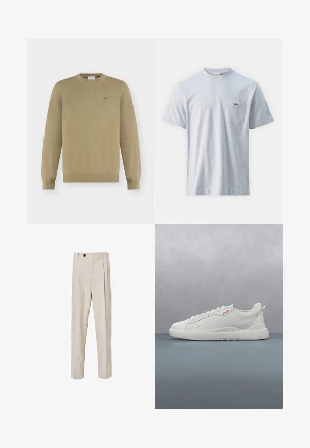 Beige langærmet crewneck-trøje med ribkanter ved ærmer og kant, med en lille grøn broderet krokodillelogo på venstre bryst.; Grå bomulds t-shirt med korte ærmer, rund halsudskæring og en lomme på venstre bryst med et lille grønt logo. Glat tekstur, afslappet pasform.; Beige skræddersyede bukser med lige ben-design, der har frontplisseringer, knaplukning og en glat tekstur.; Hvide sneakers med en glat læderfinish, rund tå, fire snørehuller, subtile perforeringer og en rød logo detalje på siden.
