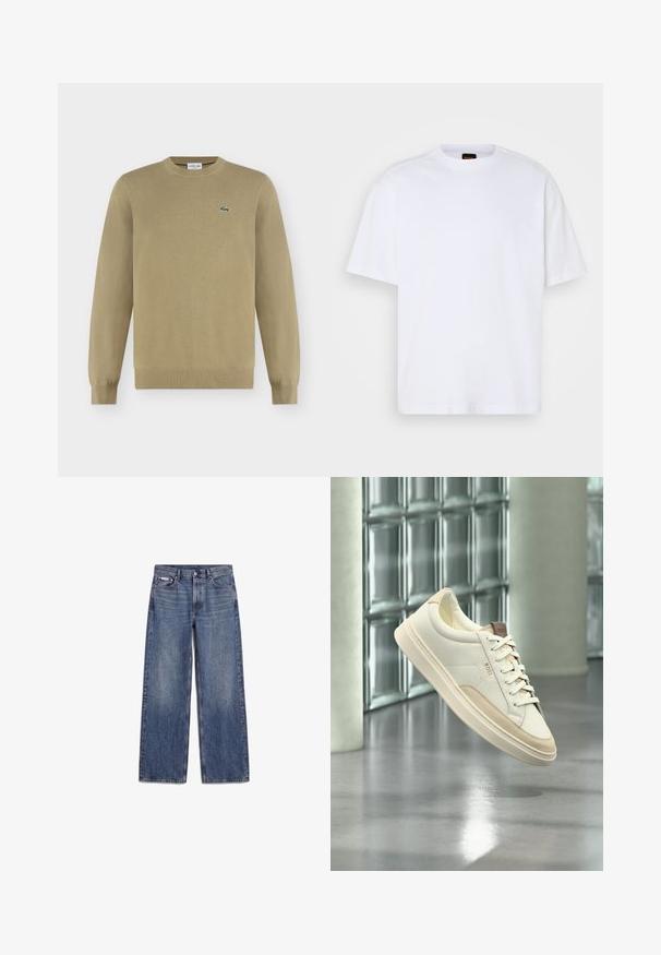Beige langærmet crewneck-trøje med ribkanter ved ærmer og kant, med en lille grøn broderet krokodillelogo på venstre bryst.; Hvid bomulds T-shirt med rund hals, korte ærmer og en afslappet pasform. Har strukturerede skuldersømme for ekstra detaljer.; Blå straight-leg denimjeans med frontlommer, bæltestropper og knaplukning, lagt fladt på en hvid baggrund.; Hvid lavtop sneaksko med beige accenter og snørebånd, mærket "BOSS", svæver over en poleret gulv med en glasblokvæg i baggrunden.