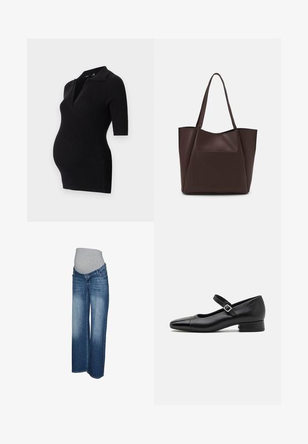 Sort ribbet graviddress med kort polo krave og korte ærmer, designet til at rumme en voksende mave.; Graviditetsjeans i lys til mørkeblå denim. Bredbenet design med en grå elastisk linning for komfort og stræk. Ingen synlige metaldele.; Sorte læder Mary Jane-sko med en patenttå, justerbar ankelrem og lav blokhæl. Glat tekstur og strømlinet design.; Brun tote taske lavet af glat materiale, med en stor frontlomme, to håndtag og et forenklet, struktureret design.