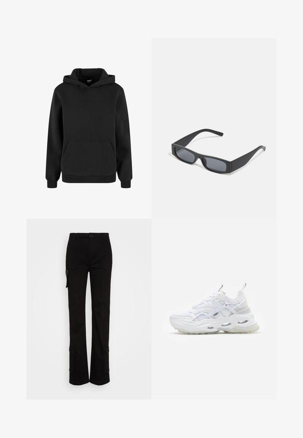 Sweat à capuche noir avec manches longues et poche kangourou à l'avant, confectionné en tissu doux avec poignets et ourlet côtelés.; Nicki Studios STRAIGHT POCKET PANTS - Pantalon cargo - black; Baskets blanches avec une semelle épaisse, un dessus en mesh superposé et synthétique, présentant des accents à motifs, un système de laçage et une languette.; Lunettes de soleil noires rectangulaires avec des verres foncés et des montures en mat épais. Les branches sont légèrement effilées avec une texture lisse.