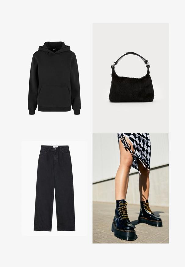 Sort hættetrøje med lange ærmer og en frontlomme, lavet af blødt stof med ribstrikkede manchetter og kant.; Sorte højtaljede bredbenede denimjeans med frontknap og lynlås, bæltestropper og fem-lomme stil.; Sorte læder platform støvler med chunky såler, guld snørebånd og orange syninger, kombineret med en ternet nederdel med en sideslids.; Sort faux fur håndtaske med en blød tekstur, rund form og en robust skulderrem i sort læder. Synlige sølvhardware-detaljer.