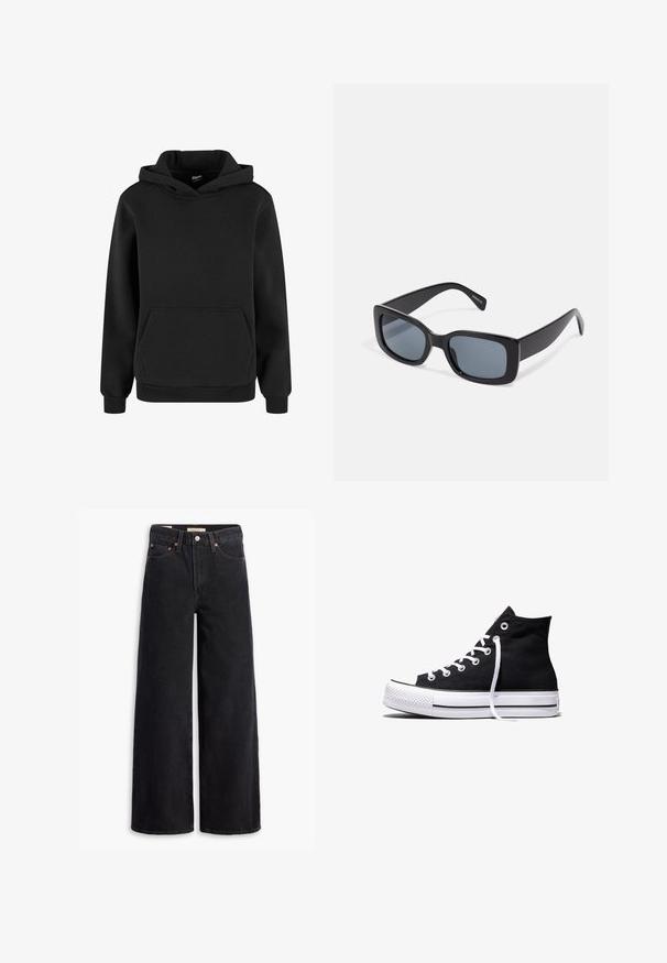 Sudadera negra con capucha, mangas largas y un bolsillo frontal tipo canguro, hecha de tela suave con puños y dobladillo acanalados.; Jeans de pierna ancha negros hechos de denim, con cinco bolsillos, remaches de cobre y un cierre clásico de botón. Textura suave con un diseño limpio.; Zapatilla alta de lona negra con suela de goma blanca y cordones blancos, vista de lado sobre un fondo blanco.; Gafas de sol rectangulares negras con lentes oscuros, montura de plástico grueso y patillas anchas. Superficie lisa y diseño anguloso.