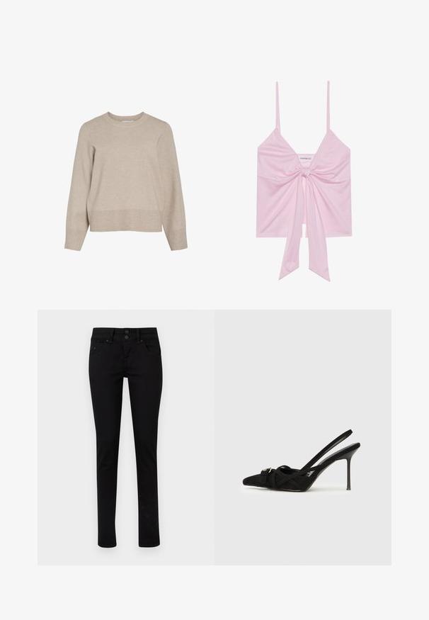Pull beige avec un col rond, des manches longues et un ourlet côtelé. Confectionné en tissu tricot doux avec un design légèrement court.; Top sans manches rose avec un détail de nœud à l'avant, doté de fines bretelles et d'une texture douce et lisse. Design décontracté avec une coupe légèrement ample.; Jean noir slim avec poches avant, passants pour ceinture et fermeture à double bouton sur fond blanc.; Escarpins à bout pointu en daim noir avec bride arrière, lanières croisées et talon aiguille fin, ornés d'un détail argenté.
