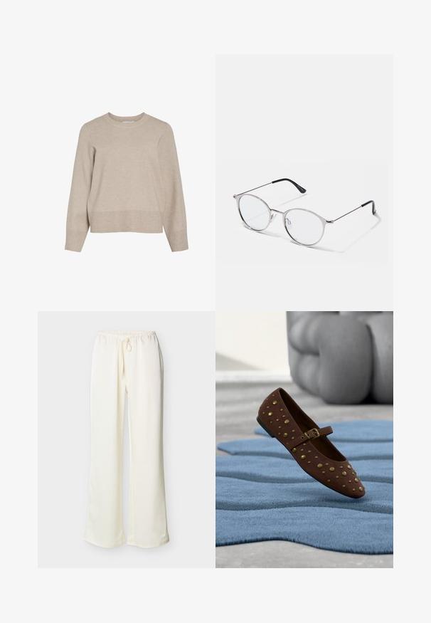 Pull beige avec un col rond, des manches longues et un ourlet côtelé. Confectionné en tissu tricot doux avec un design légèrement court.; Pantalon large de couleur crème avec une ceinture élastique et un cordon noué à l'avant, présenté sur un fond clair uni.; Chaussure Mary Jane plate marron avec des clous décoratifs dorés et une boucle, posée sur un tapis bleu texturé avec un canapé gris en arrière-plan.; Lunettes en métal argenté avec des verres ronds et une fine monture. Les embouts de branches noirs offrent un contraste. Plaquettes de nez ajustables incluses.