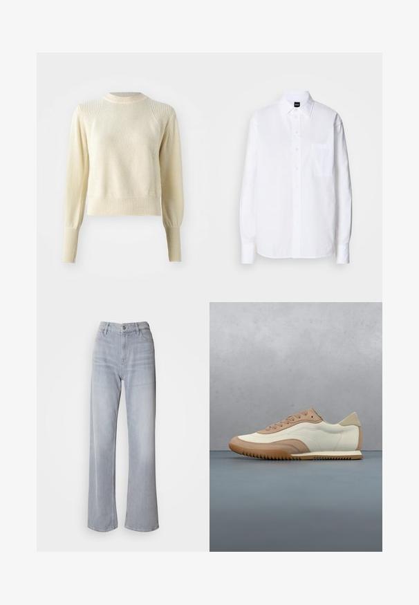 Suéter crema con un patrón de punto texturizado, puños y dobladillo acanalados, y un escote redondo. Presenta mangas estructuradas y ligeramente abullonadas.; Camisa blanca de botón hecha de algodón, con cuello clásico, mangas largas, un bolsillo en el pecho y una textura suave y crujiente.; Jeans de pernera ancha en gris claro, con cintura alta, hechos de denim. Presentan bolsillos frontales, cremallera y un leve desvanecimiento por toda la prenda.; Zapatilla en crema y beige con parte superior texturizada, cordones y suela de goma, exhibida sobre una superficie de madera con piedras.