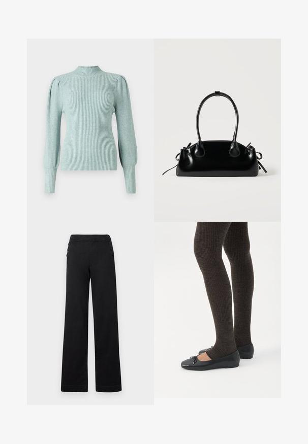 Pull en tricot bleu clair avec un col montant, des coutures d'épaule structurées et des manches longues ajustées. Texture douce avec une qualité extensible.; Pantalons larges noirs avec taille haute, accents de boutons sur les côtés, et une texture en denim lisse avec une finition soignée.; Jambes portant des leggings côtelés foncés associés à des ballerines noires avec de petits détails en nœud sur fond blanc.; Petit sac à main noir brillant avec deux longues anses et des détails à cordon sur les côtés sur un fond clair uni.