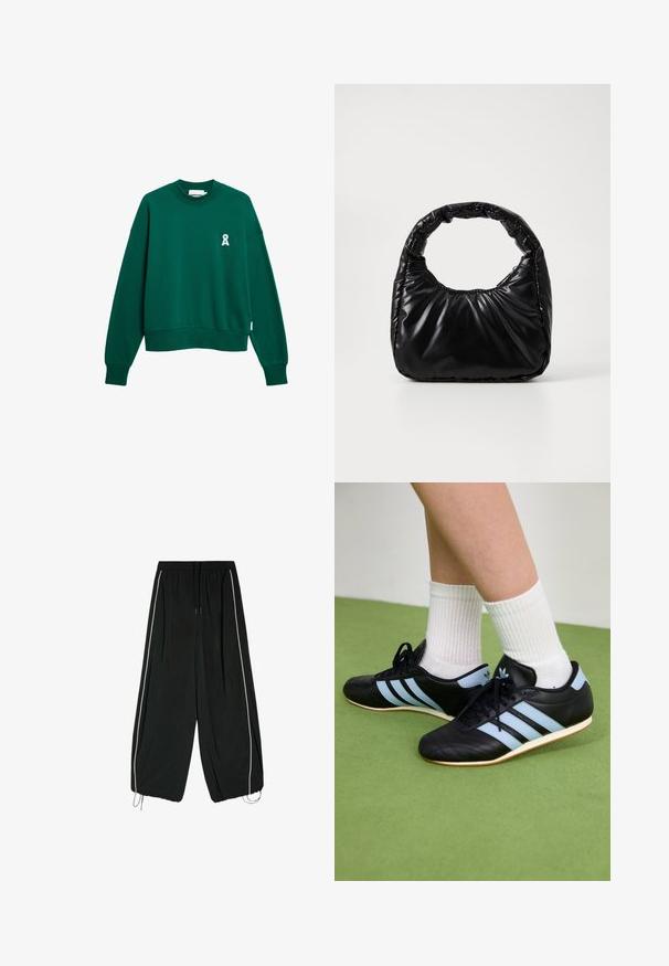 Grüner Sweatshirt mit rundem Ausschnitt, fallenden Schultern und gerippten Bündchen. Verfügt über ein kleines weißes Logo auf der linken Brust. Weiches Material.; Schwarze locker sitzende Hose mit weißen Seitenstreifen, elastischem Bund, Kordelzug am Saum und Reißverschluss vorne.; Schwarze Leder-Sportschuhe mit hellblauen Streifen, strukturierten Obermaterialien und Gummisohlen, kombiniert mit weißen gerippten Socken auf grünem Boden.; Schwarze gepolsterte Handtasche mit einem runden Griff, die eine glatte, glänzende Oberfläche und eine weiche, gestepfte Textur aufweist. Keine sichtbare Hardware oder Akzente.