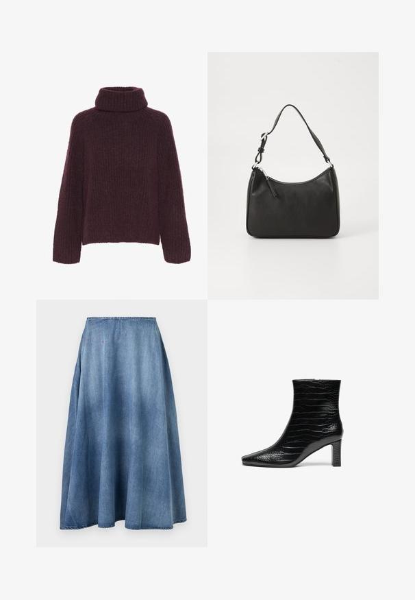Bordeaux strikket sweater med en høj, foldet krave. Har et struktureret ribbet mønster og brede ærmer; lavet af blødt, varmt materiale.; Blå denim A-linje nederdel med let falmning og små røde tråddetaljer nær taljen, mod en ensfarvet hvid baggrund.; Sort ankelstøvle med spids tå, glat kroko-struktur på ydersiden og en mellemhøj firkantet hæl. Glat, strømlinet design.; Sort læderhåndtaske med en buet form, en enkelt rem, lynlås lukning og diskret branding på forsiden. Glat tekstur, minimalistisk design.