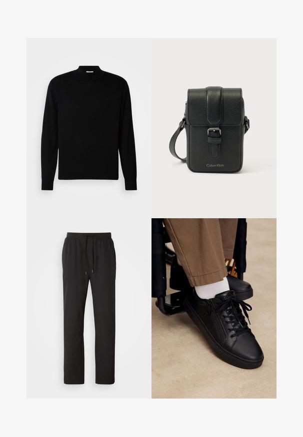 Sort langærmet sweater med høj hals, lavet af let strikket materiale. Har et diskret logo på brystet og tætsiddende manchetter.; Sorte joggerbukser lavet af letvægtsstof, med elastisk talje med justerbare snore og sidelommer. Glat tekstur.; Sort lædersneaker med snøre og sidelås, båret med hvide sokker og brune bukser, fod hvilende på fodstøtten på kørestolen.; Sort korslædertaske i kornet læder med frontrem og Calvin Klein-logo i midten nederst mod en hvid baggrund.