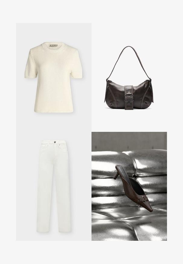 Pull en maille couleur crème à manches courtes avec col rond et poignets et ourlet côtelés, présenté sur un fond neutre.; Jean en denim blanc taille haute, coupe droite, fermoir à bouton et poches avant, présenté sur un fond uni.; Mule à talon brun à bout pointu avec détail boucle flottant au-dessus d'une surface en cuir argenté capitonnée brillante.; Sac à épaule en cuir marron avec une forme courbée, présentant un détail de boucle proéminent, des coutures contrastantes et une seule bandoulière.