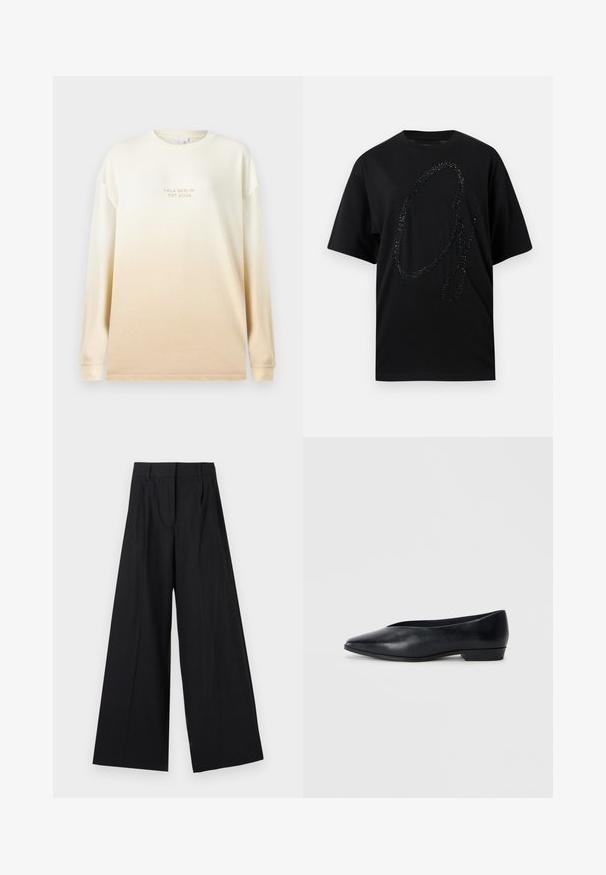 Langærmet, cremefarvet skjorte med en gradient, der falder over i en mørkere beige. Har en rund halsudskæring og prægede bogstaver "LALA BERLIN EST 2004."; Sort t-shirt i bomuld med et stort, glitrende sort glittermotiv i form af et stiliseret "G". Kortærmet, afslappet pasform.; Bredde bukser i sort med et nålestribet mønster. Fremstillet af et glat materiale, med høj talje og frontlægs.; Sorte læder flade sko med spids tå, let hævet hæl og glat overflade. Simpelt design uden synligt hardware eller mønstre.