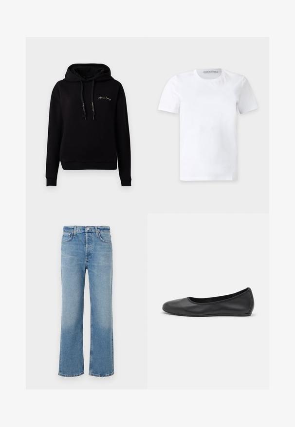 Zwarte hoodie van zacht materiaal, met een voorzak, ribgebreide manchetten, trekkoorden en een gouden geborduurd logo op de borst.; Effen wit T-shirt met korte mouwen en een ronde hals, met een klein merkje aan de binnenkant van de kraag waarop "Tiger of Sweden." staat; Lichtblauwe denim jeans met een recht model, voorzien van een hoge taille, vijf zakken en een klassieke, licht vervaagde afwerking.; Zwarte leren ballerina met een ronde neus, gladde textuur, minimale stikdetails en een flexibele zoolontwerp.