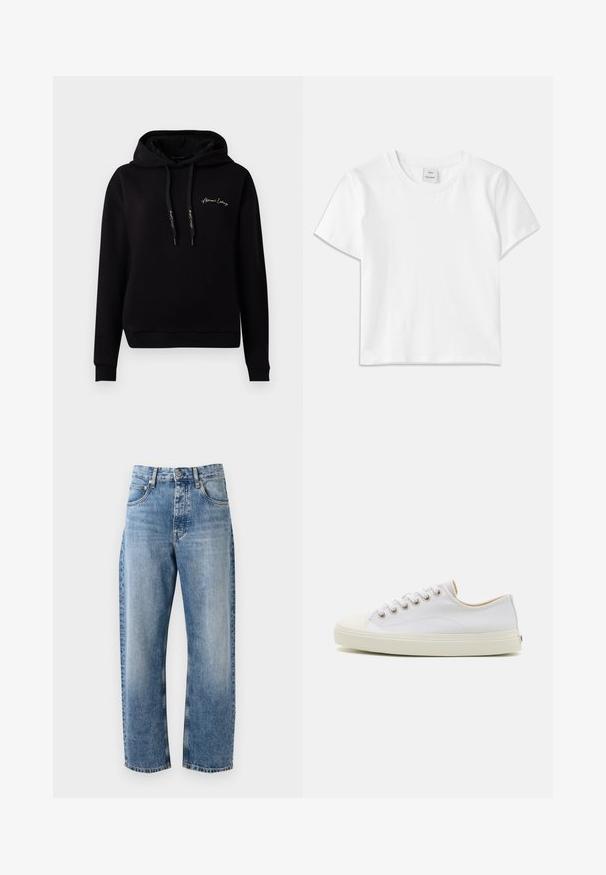 Zwarte hoodie van zacht materiaal, met een voorzak, ribgebreide manchetten, trekkoorden en een gouden geborduurd logo op de borst.; Witte katoenen t-shirt met een ronde hals, korte mouwen en een rechte zoom. Label met "Won Hundred" aan de voorkant van de halslijn.; Lichtblauwe denim jeans hebben een relaxte pasvorm, rechte benen, een vijf-pocket ontwerp, koperen hardware en een vervaagde afwerking.; Canvas sneakers in het wit met een ronde neus, vetersluiting aan de voorkant en een crèmekleurige rubberen zool. Bevat metalen oogjes en gestikte details.