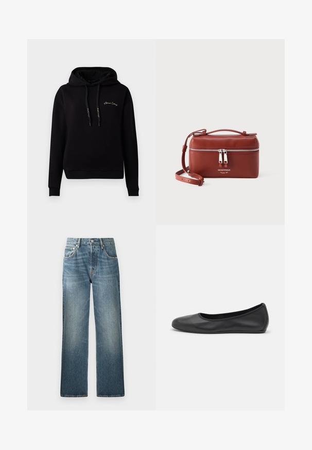 Schwarzer Hoodie aus weichem Material, mit einer Fronttasche, gerippten Bündchen, Kordelzügen und goldenen, gestickten Logo auf der Brust.; Blaue Jeans aus Denim mit geradem Bein, hohem Bund, fünf Taschen und leicht verblasster, strukturierter Optik.; Schwarze Leder-Ballettschuhe mit abgerundeter Spitze, glatter Textur, minimalen Nähdetails und einem flexiblen Sohlen-Design.; Kompakte braune Leder-Umhängetasche mit doppeltem silbernem Reißverschluss und verstellbarem Riemen, Emporio Armani-Logo auf der Vorderseite.