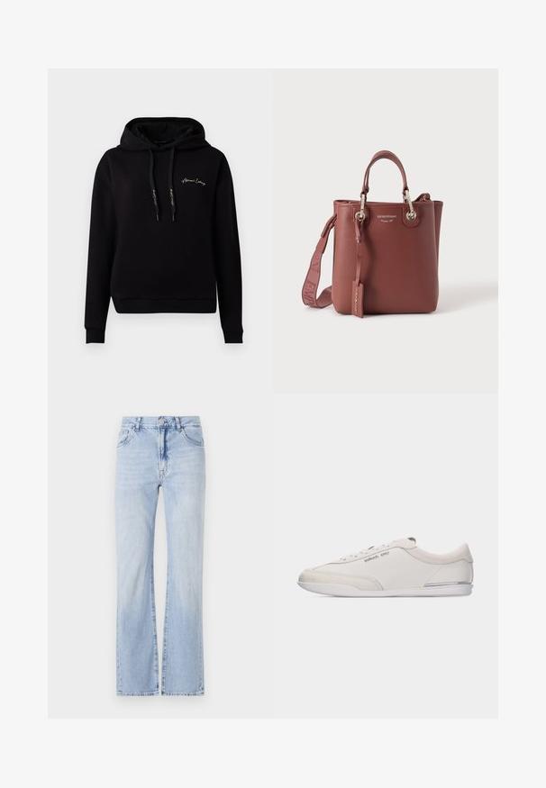 Zwarte hoodie van zacht materiaal, met een voorzak, ribgebreide manchetten, trekkoorden en een gouden geborduurd logo op de borst.; Lichtblauwe denim flared jeans met vijf zakken, riemlussen en een knoopsluiting. Zachte textuur met subtiele vervaging.; Lage wit-beige sneaker met veters, gemaakt van glad leer en suède accenten, met een klein Michael Kors-logo aan de zijkant.; Bruine leren handtas met bovenhandvatten, afneembare schouderriem en zilverkleurige beslagstukken, met het merk "Emporio Armani".