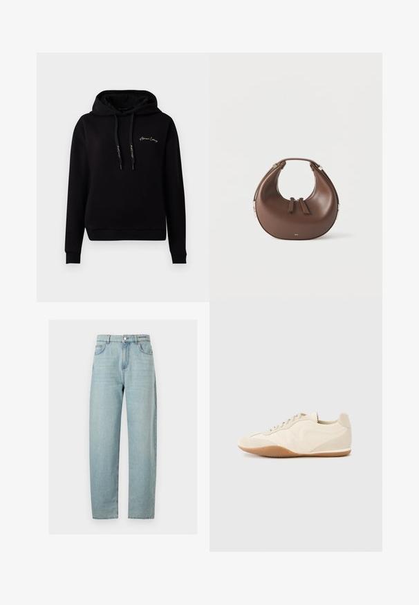 Zwarte hoodie van zacht materiaal, met een voorzak, ribgebreide manchetten, trekkoorden en een gouden geborduurd logo op de borst.; Lichtblauwe denim jeans met rechte pijpen, voorzakken, riemlussen en knoopsluiting.; Lichtbeige sneakers met een textuur van leer op het bovenwerk, getextureerde zijpanelen en een rubberen zool. Voorzien van een slank, gestroomlijnd ontwerp en platte veters.; Bruine, halvemaanvormige leren handtas met een bovenhandvat en dubbele ritssluitingen op een witte achtergrond.
