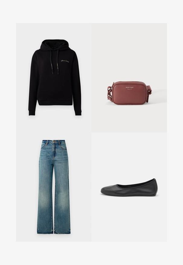 Schwarzer Hoodie aus weichem Material, mit einer Fronttasche, gerippten Bündchen, Kordelzügen und goldenen, gestickten Logo auf der Brust.; Hellblaue, weite Denim-Jeans im Vintage-Stil mit hoher Taille, fünf Taschen und leicht ausgefransten Säumen, die eine strukturierte, verblasste Optik zeigen.; Schwarze Leder-Ballettschuhe mit abgerundeter Spitze, glatter Textur, minimalen Nähdetails und einem flexiblen Sohlen-Design.; Kleine rechteckige braune Leder-Umhängetasche mit silbernem Reißverschluss und verstellbarem Riemen vor weißem Hintergrund.