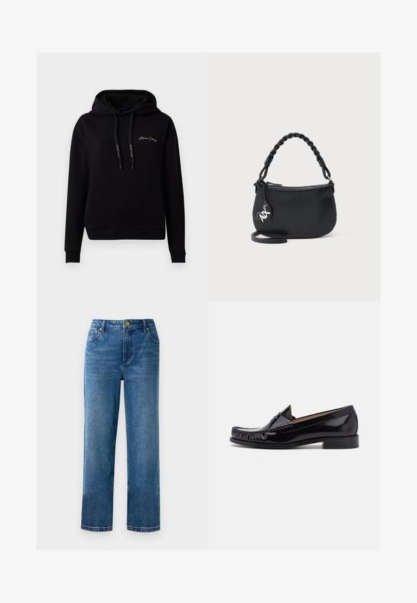 Zwarte hoodie van zacht materiaal, met een voorzak, ribgebreide manchetten, trekkoorden en een gouden geborduurd logo op de borst.; Blauwe high-waisted jeans met een rechte-pijpen-snits, gemaakt van denim, met vijf zakken en details in goudkleurige hardware.; Zwarte leren mokassin met een glanzende afwerking, voorzien van franjes aan de voorkant en een lage gestapelde hak.; Zwart gestructureerd handtasje met gevlochten handvat, ritssluiting en zilveren logohanger op een effen lichte achtergrond.