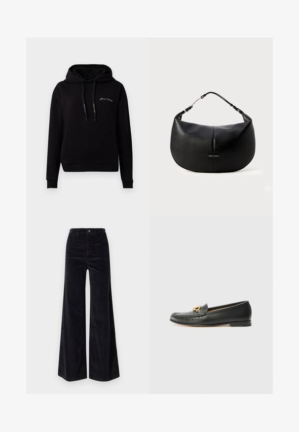 Schwarzer Hoodie aus weichem Material, mit einer Fronttasche, gerippten Bündchen, Kordelzügen und goldenen, gestickten Logo auf der Brust.; Schwarze Cordbrett-Hosen mit weitem Bein, die eine hohe Taille, einen Knopfverschluss und vordere Taschen aufweisen. Glatte Textur mit vertikalem Rippmuster.; Schwarze Lederloafers mit einer gesteppten Zehenpartie, einem niedrigen Absatz und einem dekorativen goldenen Emblem an der Vorderseite. Glatte Textur, klassisches Design.; Schwarze Lederhandtasche mit einer runden Form, ausgestattet mit einem glänzenden Riemen und einem dezenten Logo-Schild. Glatte Textur und minimalistisches Design.